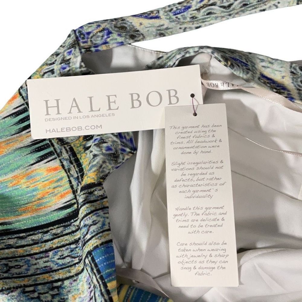 Hale Bob Geometric Colorful Lined Halter Stretch Bodycon Midi Dress V Neck M NWT - Picture 10 of 10